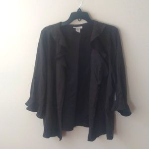 Black ruffled collar/cuff jacket. Light suedette like fabric. Size 18-20